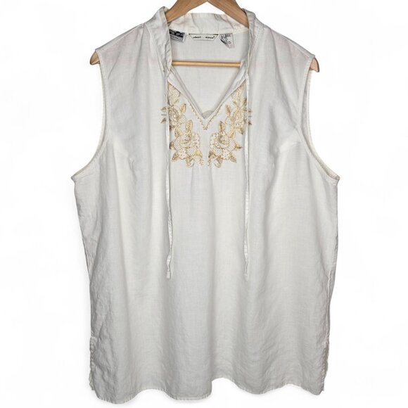 Edward Irish Linen Top Women's Metallic Gold Embroidered Sleeveless Floral 3X - Picture 1 of 9